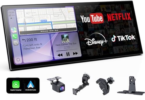 Schermo CarPlay wireless da 10,25 per auto con app Netflix e Youtube, Touch Screen Car Play per Apple CarPlay e Android Auto, Telecamera di retromarcia incorporata, custodia video di intrattenimento