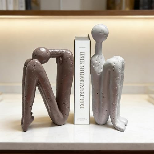 MeYuxg Serre-Livres Lourds Décoratifs en Résine, Dos à Dos, Sculpture Penseur pour Livres Lourds, Figurines Abstraites pour étagères, Salon et Bureau, Décoration Moderne, Marron et Blanc