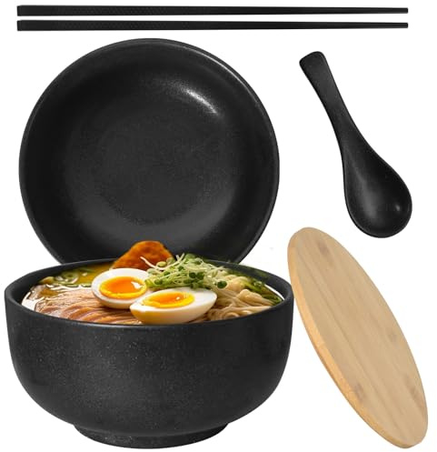 1500ML Bols à Ramen en Céramique, Bol à Ramen Japonais Grand Bol à Soupe avec Cuillère Baguettes Couvercle, Bols à Salade, Bol à Nouilles Instantanées, pour Céréales Salade Dessert Pâtes Soupe (Noir)
