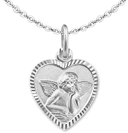 CLEVER SCHMUCK Mädchen Halskette Herz Anhänger Herz 11 mm mit Engel Rückseite Gott schütze dich Kette Anker 40 cm Sterling Silber 925 im Schmucketui creme