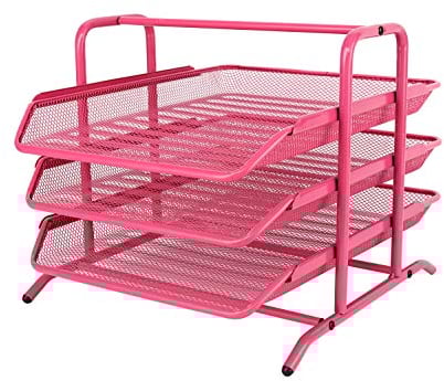 EasyPAG 3 Tier A4 Mesh in Tray Office Desk Tidy File Holder Document Storage Letter Paper Organiser,Pink