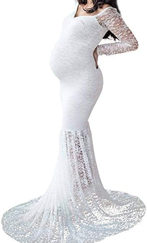 IBTOM CASTLE Robe Grossesse de Photographie Elégante Vetements Maternité Robe Longue en Dentelle Epaule Dénudé Femme Enceinte Costume Habillée de Shooting Photo Plage Mariage Soireé Cérémonie Blanc L