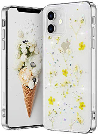 EYZUTAK Dried Flower Case Compatible with iPhone 12/iPhone 12 Pro 6.1 inch 2020, Bling Glitter Sequin Shockproof Clear Floral Pattern Silicone Gel Back Cover Protective Case - Yellow