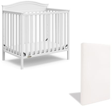 Graco Stella 4-in-1 Convertible Mini Crib with Bonus Mattress – Includes Bonus 2.75 Inch Thick Mattress with Water-Resistant Cover, Converts to Twin Bed, Ideal Crib for Small Spaces (White)
