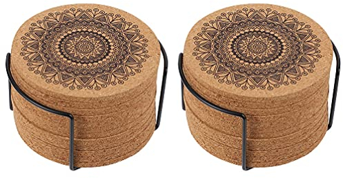 Cabilock Kork Untersetzer mit Halter Rund Mandala Untersetzer 10cm 24pcs 2pcs Halter Teller Tasse Getränke Glas Gläser Tischplattenschutz Zuhause Küche Büro