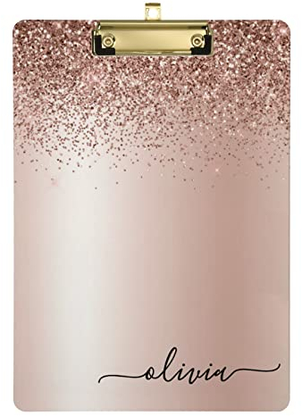 Benutzerdefiniertes Klemmbrett, A4, Briefgröße, Roségold, Rosa, Glitzer, Büro-Schreibtafel mit niedrigem Profil, Metallclip, für Büros, Schule, Klassenzimmer, 22,9 x 31,8 cm