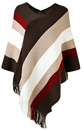 Ferand Joli Poncho Femme à Rayures Châle Doux Chaud à Franges pour l' Automne Hiver - Taille Unique - Marron & Beige
