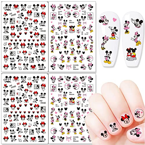 Cartoon Nail Art Stickers Decals Cute 3D Self-Adhesive Nail Decals Supplies Cute Cartoon Mouse Nail Stickers for Women Nail Decoration 4 Sheets