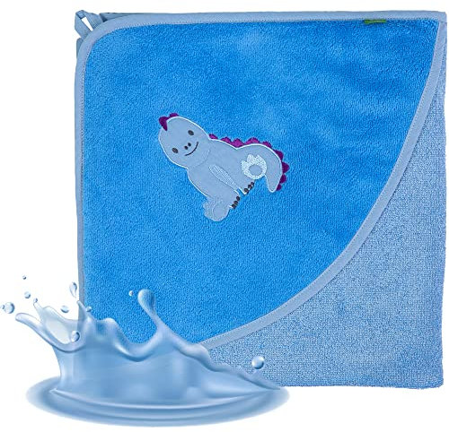 Smithy Kapuzenhandtuch für Baby´s und Kinder 100x100 cm - Dino Babyhandtuch aus Frottee Baumwollmischung - Kapuze Handtuch für Mädchen & Jungen (blau)
