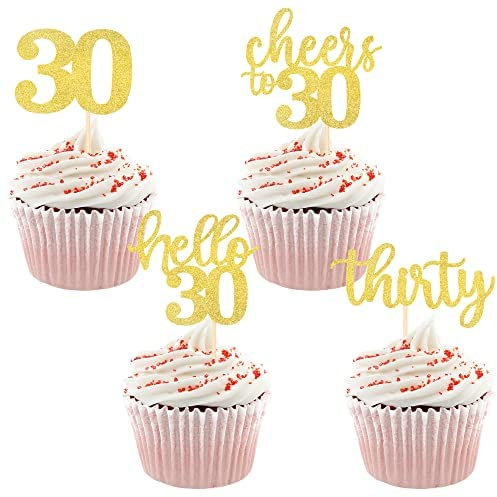 36 Stück 30th Birthday Cupcake Toppers Glitter Hallo 30 Geburtstag Tortendeko Cheers to 30 Thirty Muffin Dekoration for 30th Birthday Teenager Party Kuchen Dekoendeko Gold