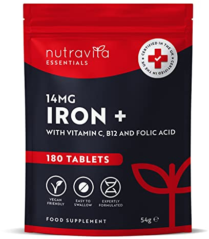 Iron Tablets High Strength 14mg – 180 Vegan Iron Tablets, 6 Month Supply - High Absorption Supplements for Women & Men - with VIT C, B12, Folic Acid - Reduction of Tiredness & Fatigue - Nutravita