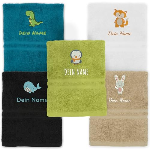 Kinderhandtuch mit Namen Bestickt, Oeko-TEX® Standard 100 - Personalisiertes Handtuch für Kinder aus nachhaltiger Baumwolle mit gesticktem Namen und Motiv (70 x 140 cm, Petrol)