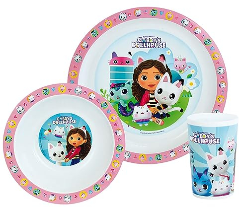FUN HOUSE GABBY ET LA MAISON MAGIQUE ENSEMBLE REPAS INCLUANT 1 VERRE 220 ML, 1 ASSIETTE Ø 22 CM ET 1 BOL Ø 16 CM MICRO-ONDABLES POUR ENFANT, Rose
