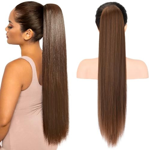 REECHO Ponytail Extension, 28 lange gerade Kordelzug Pony Haarverlängerung Synthetischer Pferdeschwanz Haarteil für Frauen - Medium Braun