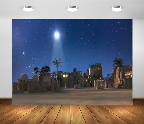 BELECO 2.7x1.8m Stoff-Krippenhintergrund mit Weihnachtsstern, Weihnachtskrippe von Jesus Christus, Bethlehem, Stadtdorf, Hintergrund, Stern von Bethlehem, religiöse Kirche, Weihnachtsdekoration