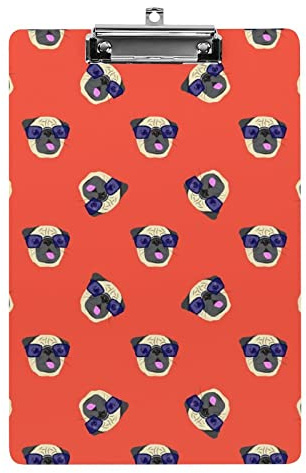 Mops-Hund mit Brille, Klemmbrett im A4-Format, lustig, ästhetisch, zum Arbeiten, Lernen, Buchstaben, Standard-Klemmbrett, 31,8 x 21,6 cm, Hartfaserplatte für Schule, Klassenzimmer, Kinder, Schreiben