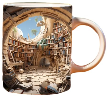 Eteslot 3D Tasse - 3D Bücherregal Becher - 3D Bücherregal Tasse - Bücherwurm Geschenk - Ausgefallene Tassen - Bücherregal Bibliothek Tasse - Keramik Buchliebhaber-Kaffeetasse Mit 3D-Effekt