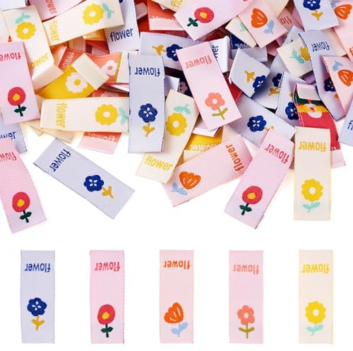PandaHall 100pcs Gewebte Kleidung Label Stoff Handgemachte Etiketten Blumenmuster Nähen auf Etiketten Tags zum Nähen Stricken Hut Schal Kostüm Dekoration, Klein, DIY-TA0005-32-YS-EU