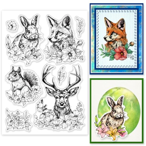 INFUNLY Transparente Stempel Mit Tieren Elch Für Die Kartenherstellung 6.3x4.3 wiederverwendbarer Blumen-Häschen-Silikonstempel Fuchs Eichhörnchen Transparente Siegelstempel Für Dekoration Und DIY S