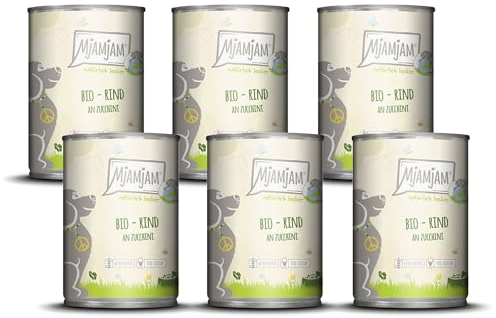MjAMjAM – Premium Nassfutter für Hunde - natürlich lecker – Bio Rind an Zucchini,6er Pack (6 x 400g), getreidefrei mit extra viel Fleisch
