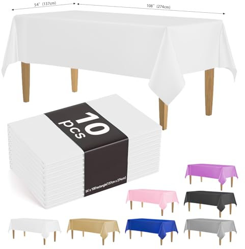 KAshack 10 Stück Einweg Tischdecke aus Kunststoff Weiß,137 x 274 cm,Wasserdicht Geburtstag Tischdecken, Rechteckig Plastik Tischtuch Geeignet für Hochzeit, Party, Kindergeburtstag, Gartentischdecke