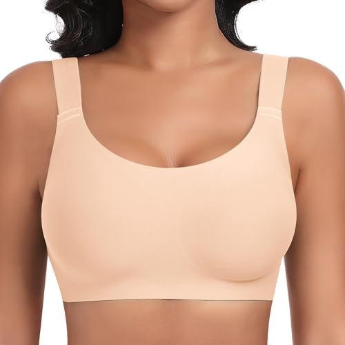 Ganado Soutiens-Gorge Femme sans Armature Confort Classiques Brassière avec Coussinets Col en U Brassiere sans Coutures (Beige,L)