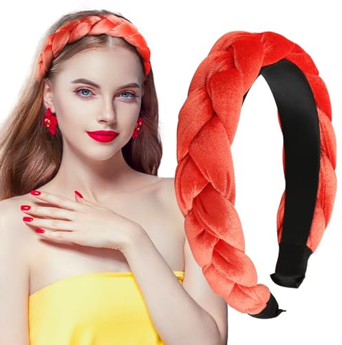 BETESSIN Samt Haarreif Dirndl Geflochten Stirnband Breit Haarband Vintage Gepolsterte Haarreifen Rockabilly Trachten Haarschmuck Kopfband für Damen und Mädchen Orange