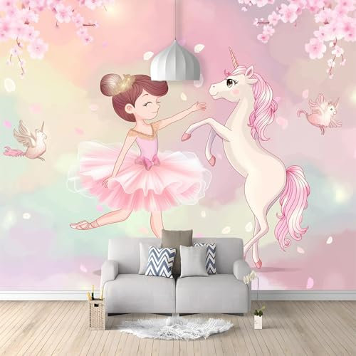 3D Panoramique Murale Art De Rêve Licorne Ballerine Fille, Papier Peint Intissé 350x256cm, pour Salon, Chambre Enfant, Décoration Murale, Licorne Poster Tableaux Photo Muraux