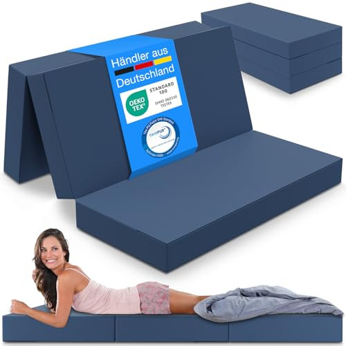 ELONEO Klappmatratze, Gästematratze, 3-teilige Faltmatratze, Schaumstoff extra dick (15cm), waschbar, Bandscheibenwürfel, klappbar, Faltbare Matratze, Erwachsene (Blau, 120 x 195 x 15 cm)