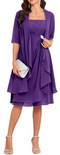 Robes de mère de la mariée avec veste 2 pièces mi-manches longueur genou en mousseline de soie robe mère marié, violet, 48/grande taille