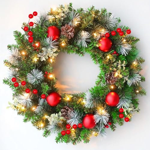 Lot de 2 couronnes de Noël de 40,6 cm avec 30 lumières LED, couronne de Noël lumineuse extérieure pour porte d'entrée, couronne de Noël pour les vacances, décorations de fête de Noël