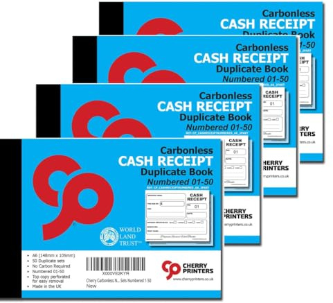 Cherry Quittungsbuch, selbstdurchschreibend, A6, 50 Sets, nummeriert von 1–50, perfekt für Selbstständige und Taxis, 4 Stück