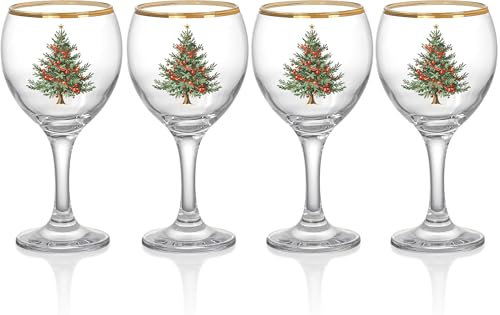 Red Co. Set of 4 Clear Glass 12 Fl Oz Christmas Tree Drinking Tumblers with Gold Rim – Wine Glass