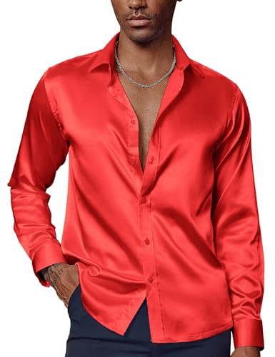 Mens Christmas Shirts Long Sleeve Button Down Shirts for Wedding Party Silk Shirts for Men XL Christmas Red
