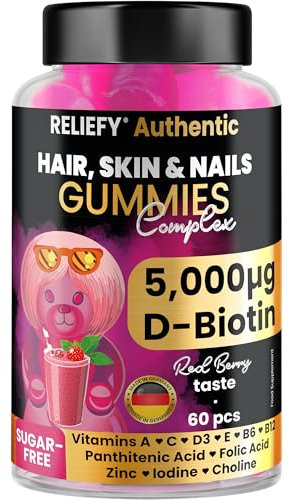 Biotin Hochdosiert Gummibärchen 5000μg | Haut Haare Nägel | Zink, B6, Jod, D3, A, C, E, B12, Cholin, Folsäure, Pantothensäure - Haarvitamine für Haarwachstum & Haarpflege Komplex - Vegan