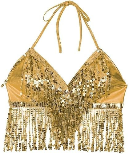 MUNAFIE Glitzer Pailletten Oberteil Damen Fransen Rückenfrei BH Festival Top Outfit Bauchtanz Oberteil Kostüm Gold