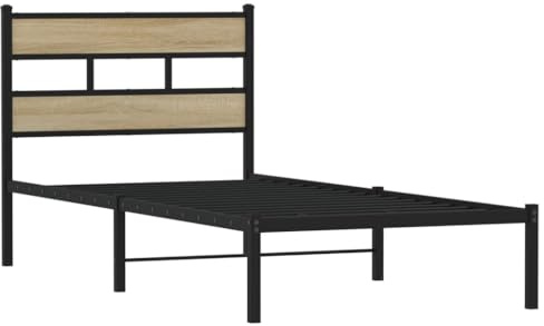 vidaXL Metallbett, Bett ohne Matratze, Bettgestell Bettrahmen mit Lattenrost Kopfteil, Einzelbett für Schlafzimmer, Sonoma-Eiche 100x200cm