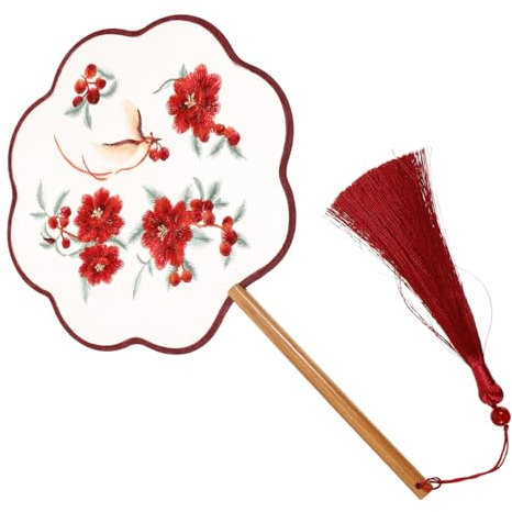 CORHAD Embroidery Circular Silk Fan Double-Sided Traditional Chinese Tassel Hand Fan for Dance and Decor Pattern Elegant Eight-Petal Design