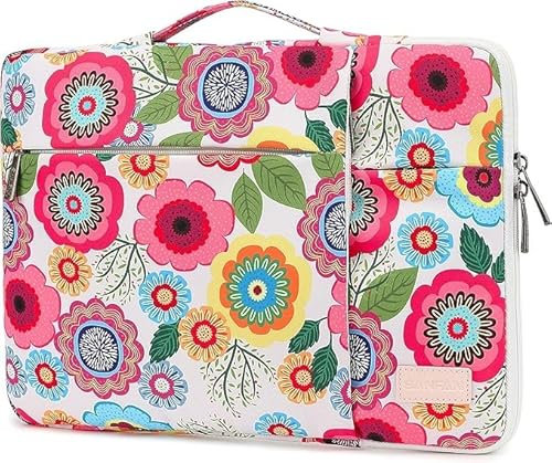 SANFAN Funda Protectora de 360° para portátil con 3 Bolsillos, Funda para portátil con asa MacBook Pro de 14 Pulgadas y portátiles de 14 Pulgadas y 14.4 Pulgadas (Flowers)