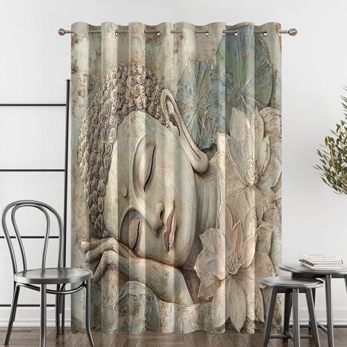 zcwl Buddha-Statue Vorhänge, Zen Verdunklungsvorhänge mit Ösen, Vorhang Blickdicht für Wohnzimmer Schlafzimmer Dekoration, Gardinen mit Muster, 2er Set, 220 x 140 cm (HöhexBreite)