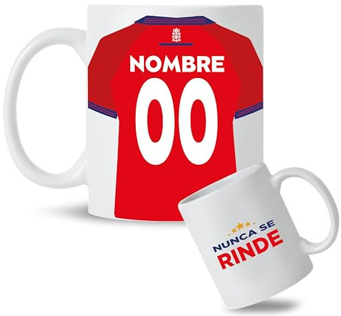 Taza Personalizada con nombre y dorsal de tu equipo preferido de Fútbol. Tazas de Desayuno personalizada. Regalo Original para Aficionados del Fútbol. Regalos Mundial. (Osasuna)