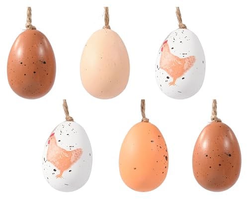Ostereier zum Aufhängen 6x9cm gesprenkelt 6er Set - Plastikeier mit Aufhänger - Kunststoff Deko Eier für Ostern Frühling - Kunststoffeier Osterdeko Hängedeko Frühlingsdeko bruchfest - Weiß Braun