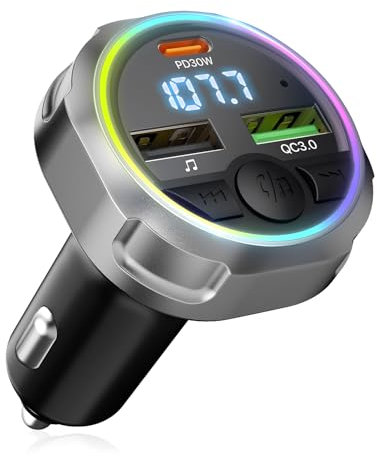ORIA Bluetooth FM Transmitter Auto, KFZ Bluetooth 5.3 Adapter mit PD 30W & QC3.0 18W Schnellladung, 5-Farbiges Umgebungslicht, Freisprechen, Unterstützung BT, USB-Disk