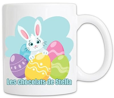 Mug Personnalisé Pâques - Tasse Lapin et Œufs avec Prénom - Cadeau Chocolats de Pâques - Idée Cadeau Enfant - Céramique 325ml