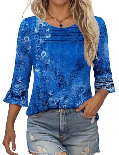 Kistore Womens Shirts and Blouses UK 3/4 Sleeve Summer T-Shirts for Ladies Casual Dressy Crew Neck Tunic Pleated Blouse XL