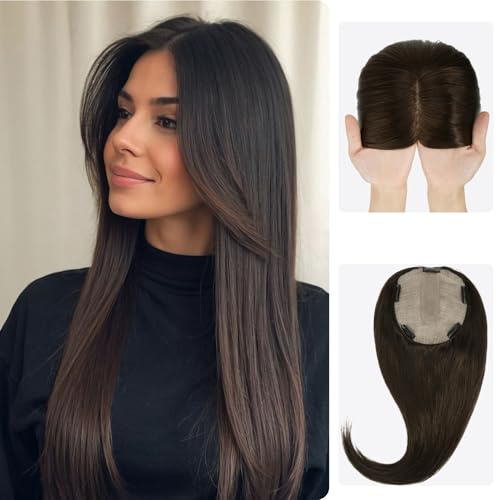 Zakya Echthaar Topper Damen - 15,2X16,5CM Basis Haartopper für Frauen - Toupet Damen 130% Dichte - 16 Inch Haarlänge - Dunkelbraun 2#
