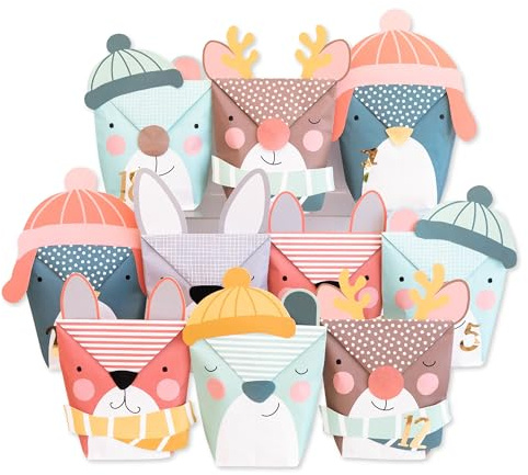 Papierdrachen Adventskalender 2026 - DIY Set Wintertiere mit Stanzteilen | 24 bunte Papiertüten - DIY Set - Inkl. Zahlenaufkleber & Klammern - zum Selbstbasteln & Befüllen - Weihnachtsfest - Advent