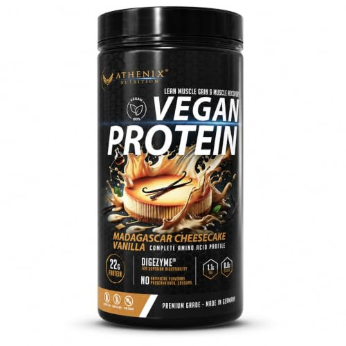 Athenix® Premium Vegan Protein Powder | Protein + BCAAs & Glutamine | Low Sugar | Enhanced with DigeZyme® for Digestion | 100% Plant-Based | Made in Germany (500g, Vanilla Madagascar Cheesecake)