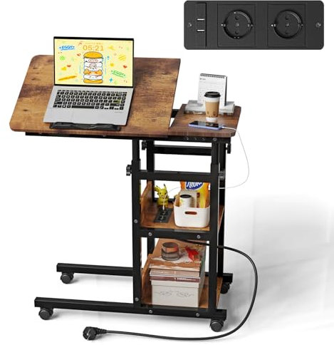OXFENSEE Table Roulante 80 cm x 40 cm Table d'Appoint Mobile Réglable en Hauteur avec Prise et USB C Bureau Réglable pour Chambre à Coucher, Salon - Aspect Bois Vintage