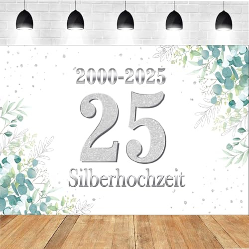 Silberhochzeit Banner 110 * 180cm 25 Jubiläum Hochzeitsbanner 25. Jahrestag Hochzeitsdeko Silber Silberhochzeit Goldhochzeit Hintergrund Hängende Dekoration für Garten Innen Außen